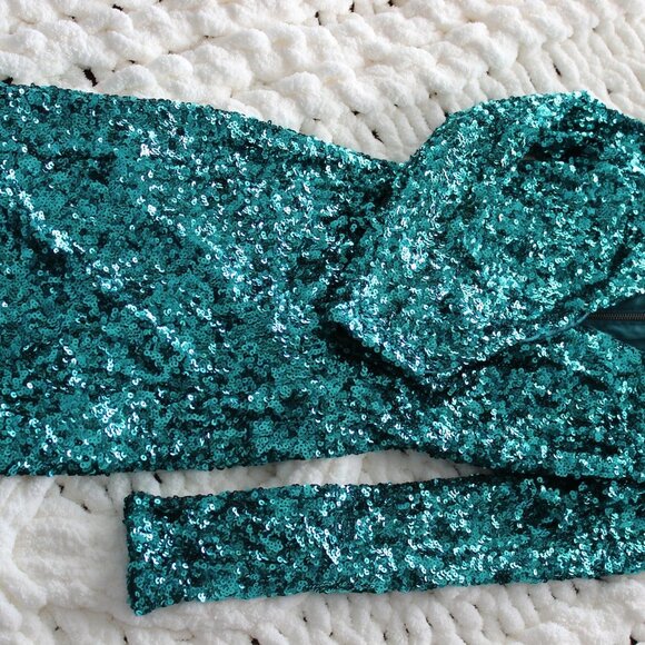 French Connection Teal Green Sequin Long Sleeve Dress - Picture 6 of 6